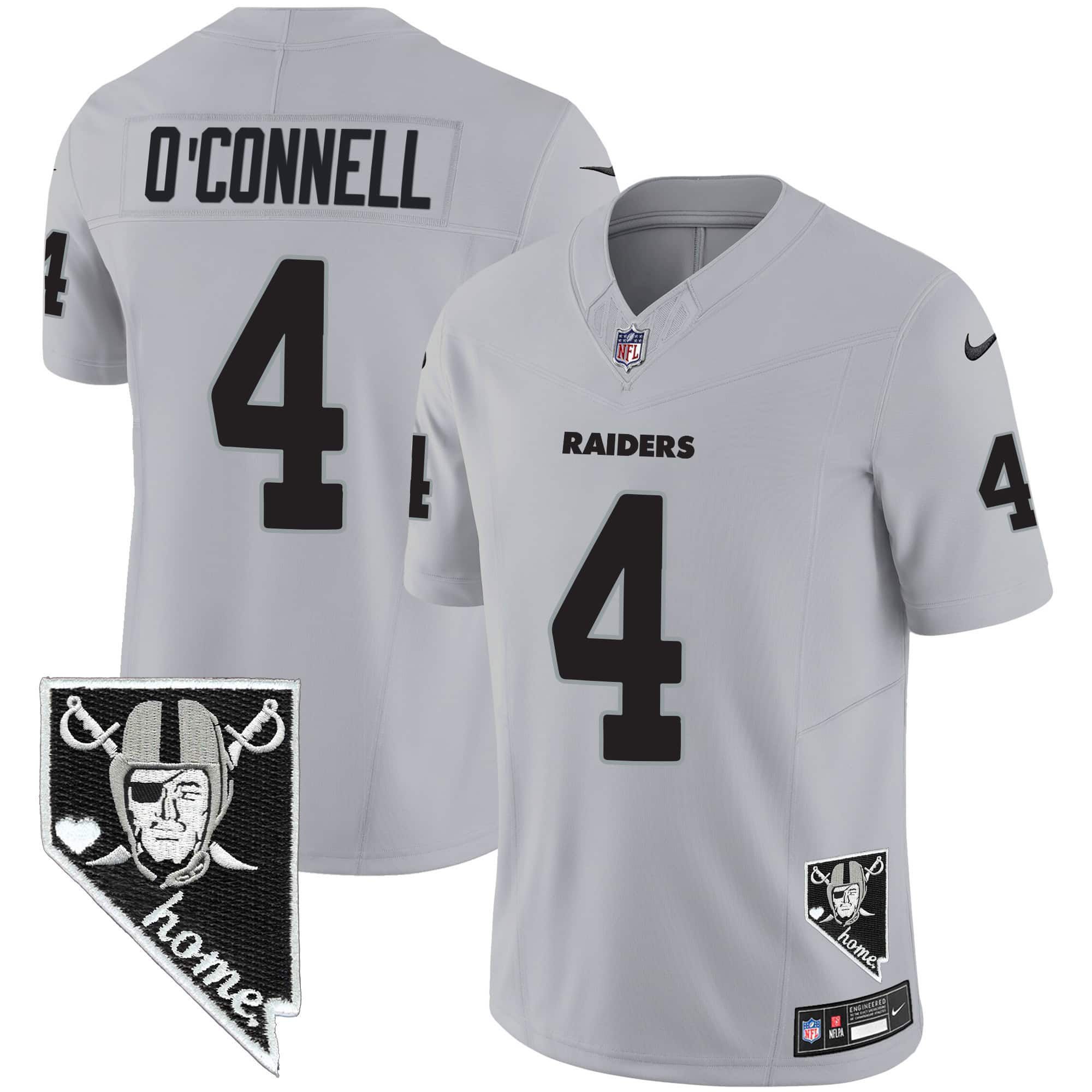 Men Oakland Raiders 4 OConnell Grey 2024 Nike Nevada Home Patch Vapor NFL Jersey